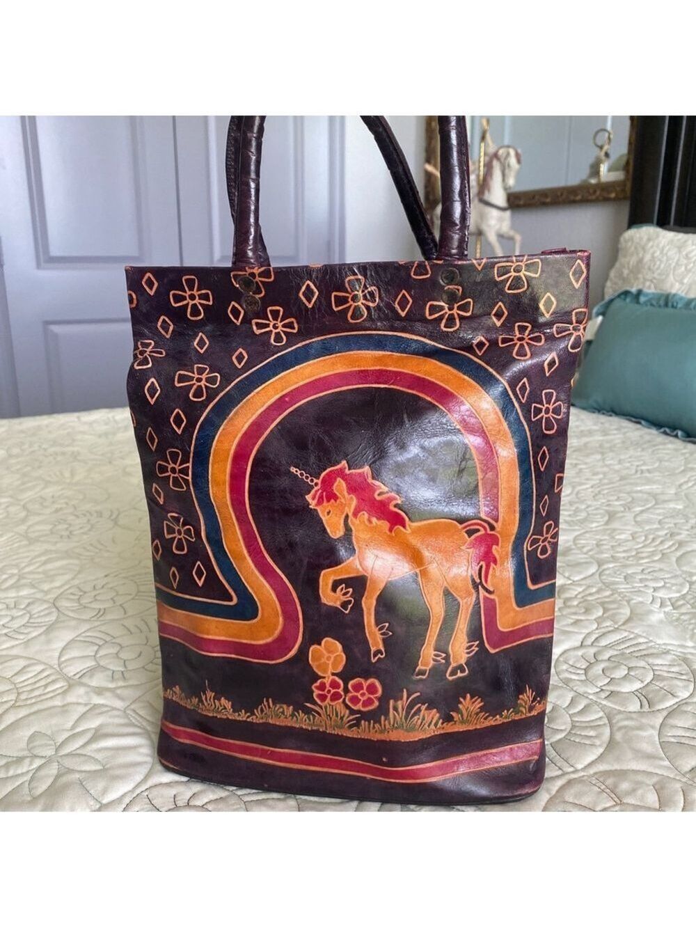 Women's Natural Choice One Size Dark Purple Orange Unicorn Leather Tote Bag